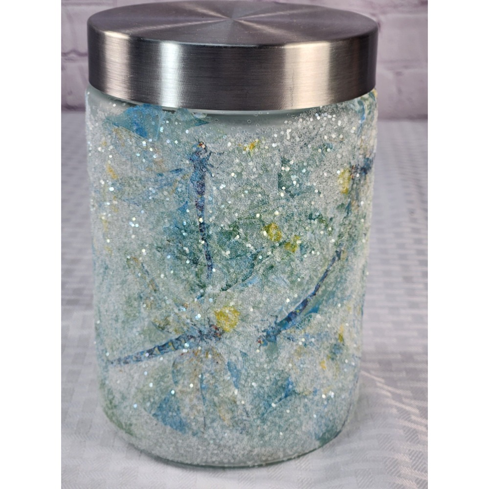 Canister Storage Jar w/ Stainless Steel Lid Handmade, Dipped Glass Blue Green